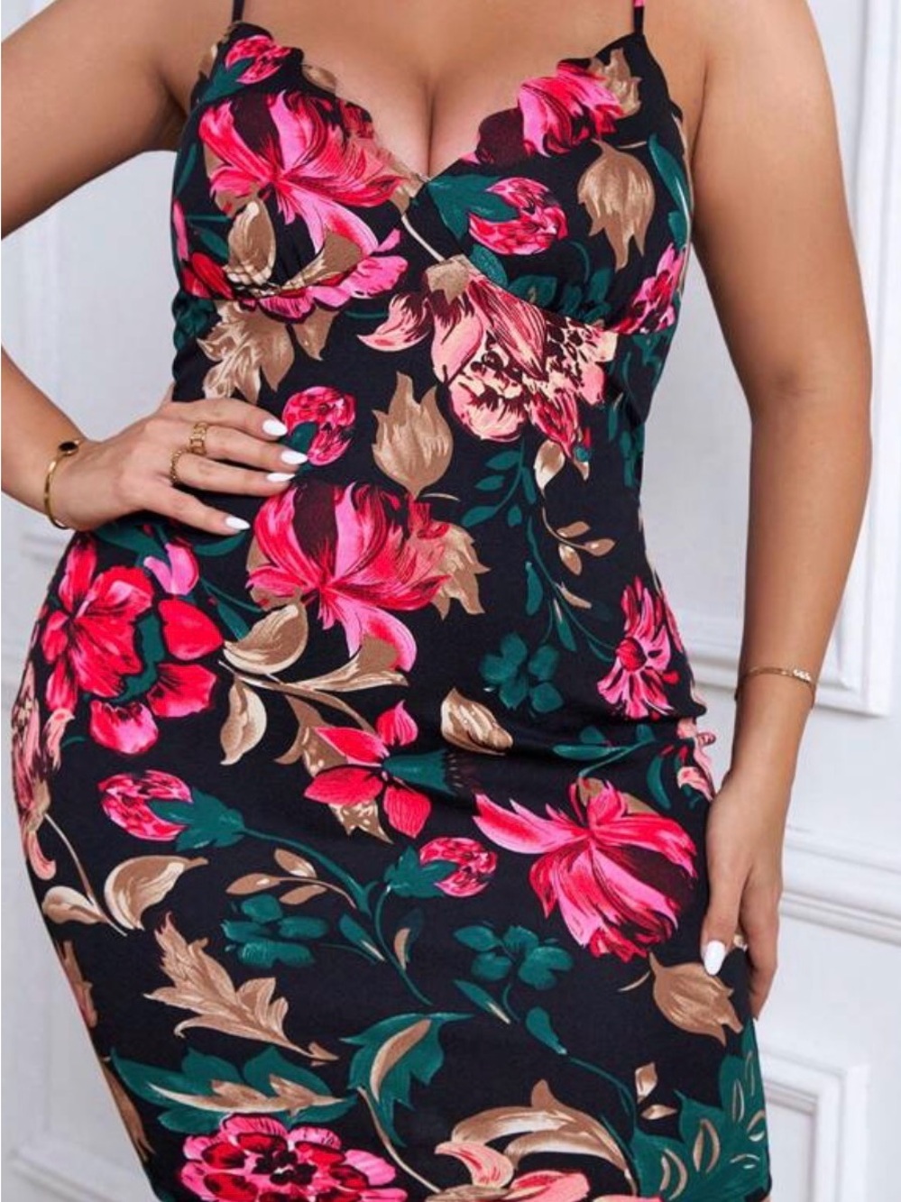 SHEIN Black Floral Mini Dress with Pink & Green Accents-0256